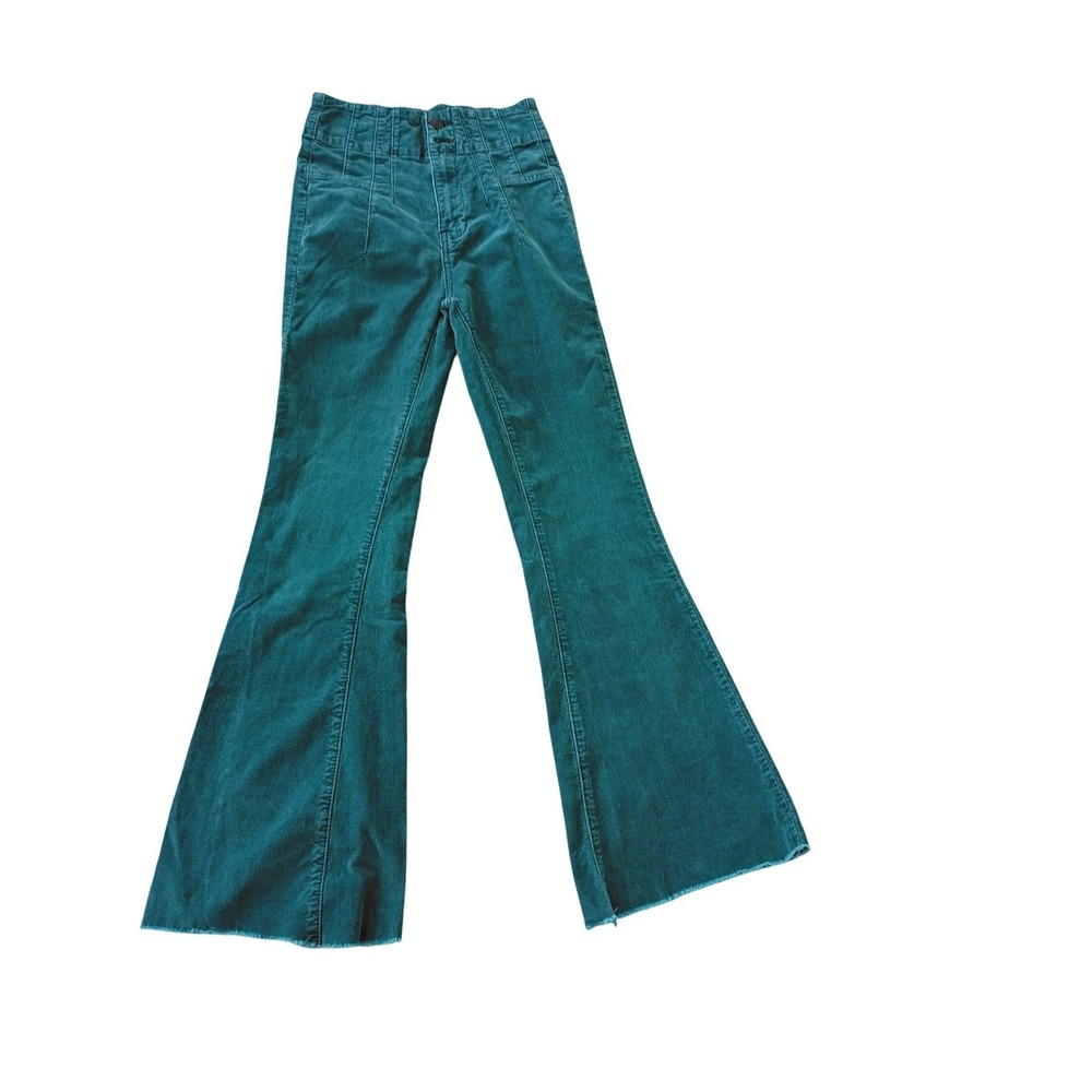 We The Free Free People Teal Green Corduroy Flare Pants High Rise Raw Hem 26x28